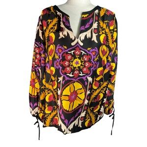 Haute Hippie Women's Floral Print V-Neck Long Sleeve Tunic Top Blouse Size 2X